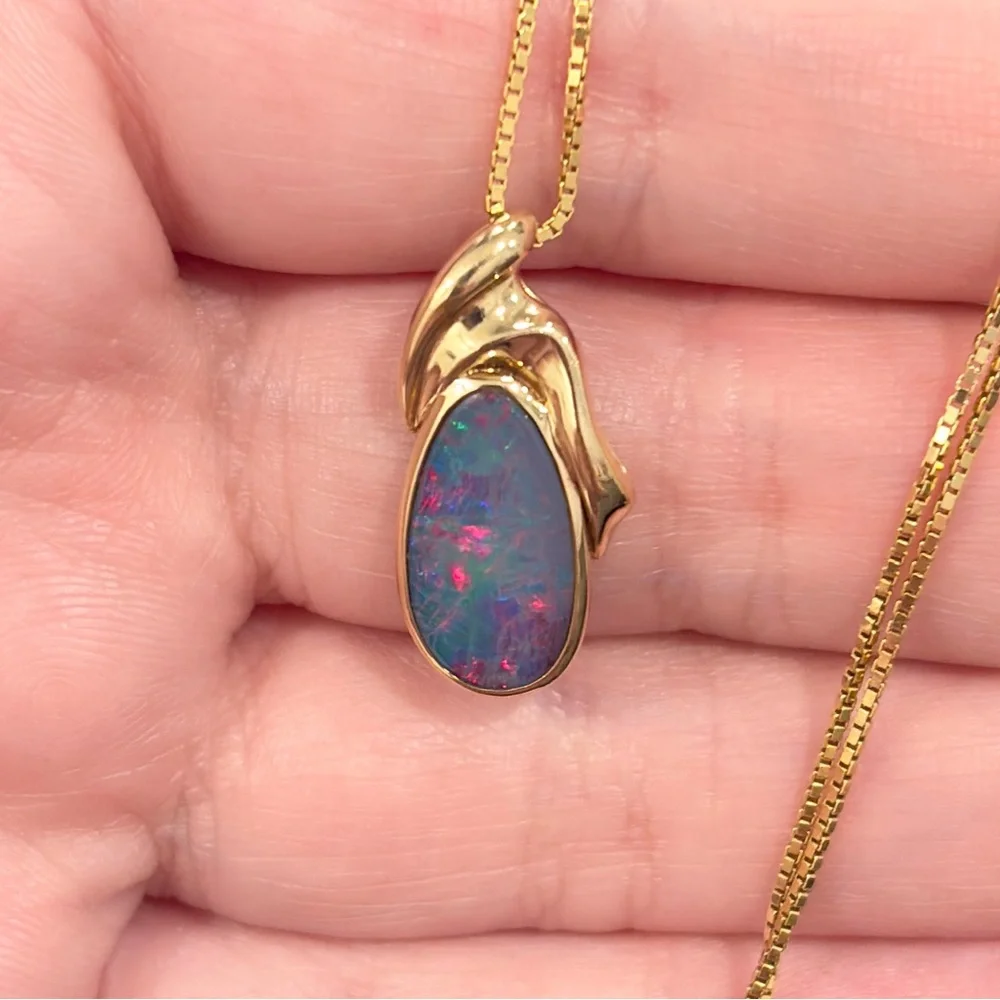 14K Australian Opal Pendant, Vintage Doublet, Crystal Dark Natural, Colorful IOG - Picture 11 of 14
